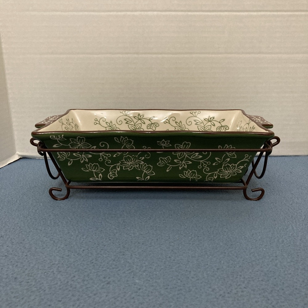 Temp-tations by Tara Floral Lace Green 1.7 Qt Loaf Pan w/Drip Tray & Wire Holder